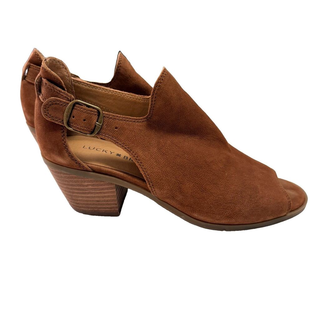 Lucky Brand Bootie Barimo Boots Open toe sandal heel cognac buckle ankle 6.5